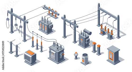 Isometric power substation elements with transformers and electrical components