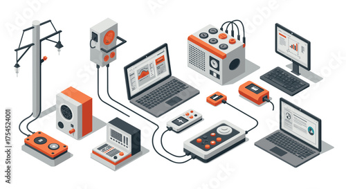 Isometric technology devices and gadgets set with laptop and electronics