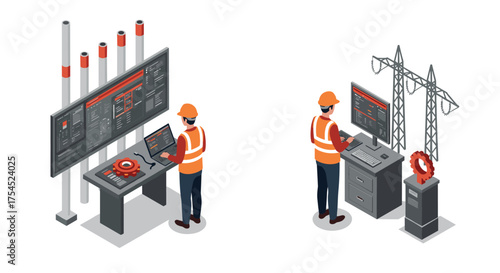 Isometric industrial engineer working on control panels with modern technology