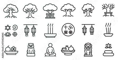 Nature and spiritual outline icons set – line, meditation, zen elements
