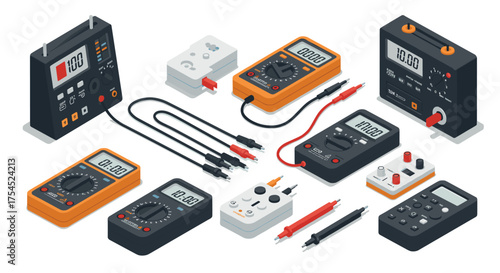 Collection of isometric electronic testing devices and tools in modern design