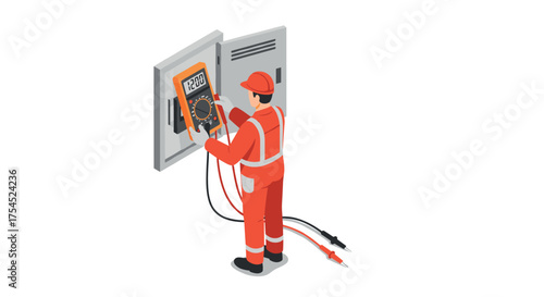 Isometric electrician analyzing control panel with multimeter