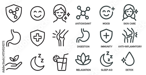 Health and wellness outline icons set – digestion, immunity, holistic symbols