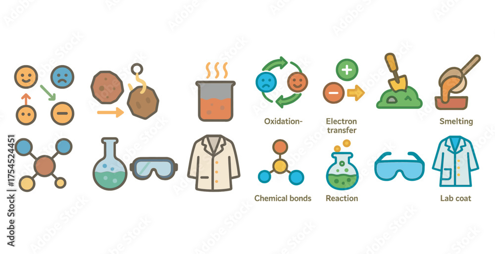 Fototapeta premium Chemistry education flat icons set – filled, laboratory and science symbols