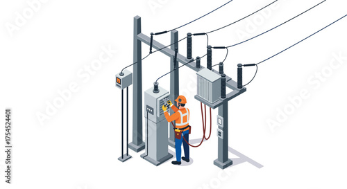 Isometric technician working on power substation equipment for energy management