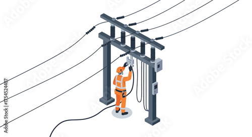 Utility worker in safety gear fixing electricity power lines in isometric style