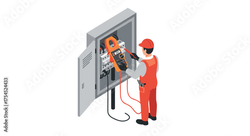 Electrician in overalls repairs electrical panel with multimeter in isometric style