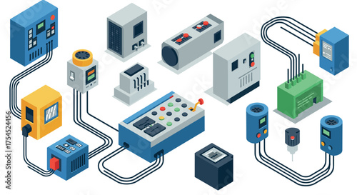 Isometric industrial equipment and control panels with connected wiring