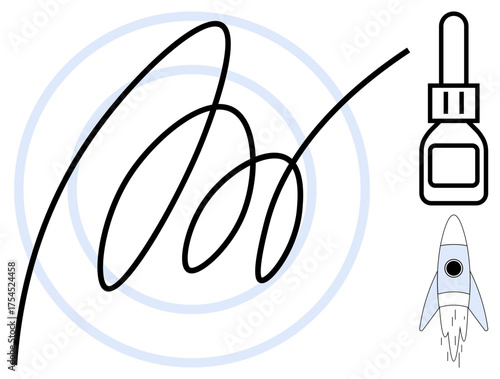 Hand-drawn signature style with circular orbit, glue bottle, and blue rocket launch. Ideal for creativity, innovation, success, branding, vision, ambition exploration as simple flat metaphor