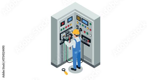 Isometric electrician working at control panel with safety gear and tools