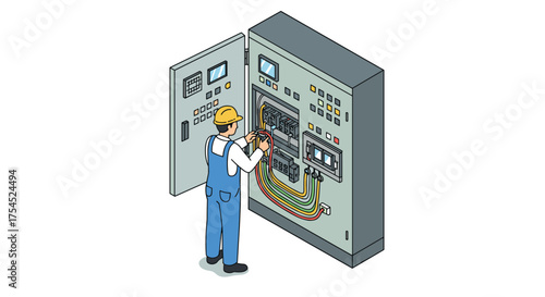 Electrician working on control panel in isometric style