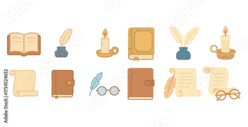 Vintage writing and reading icons set – flat, filled, literary and book symbols