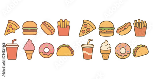 Food and drink flat icons set – outline, isometric, culinary and dining symbols