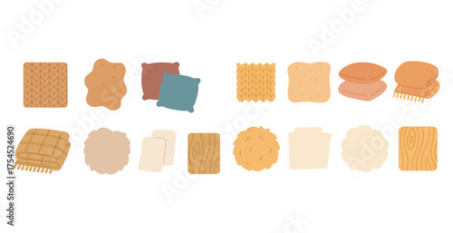 Home decor flat icons set – textile, cushion, furniture design symbols