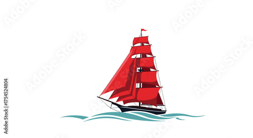A majestic sailing ship with vibrant red sails navigates the ocean waves.
