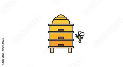An illustration of a beehive with a bee flying towards it.