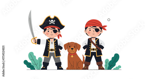Two children dressed as pirates with a dog stand together.