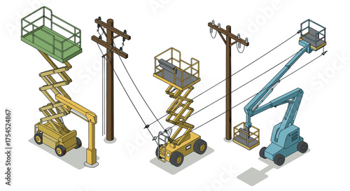Isometric construction equipment and utility poles for infrastructure projects