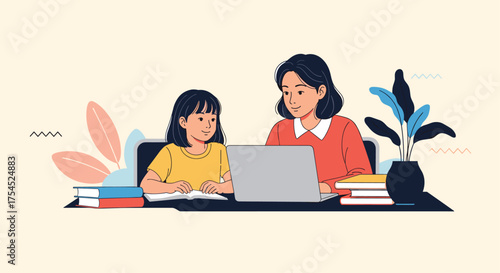 A mother and daughter learning together on a laptop at home.