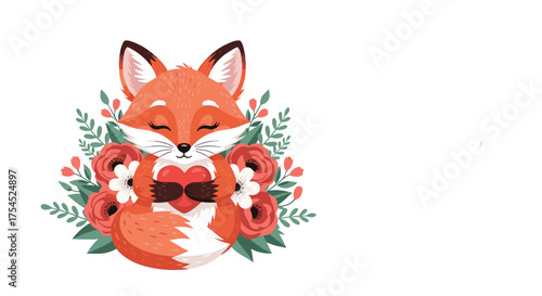 A cute fox holding a heart surrounded by flowers and leaves.