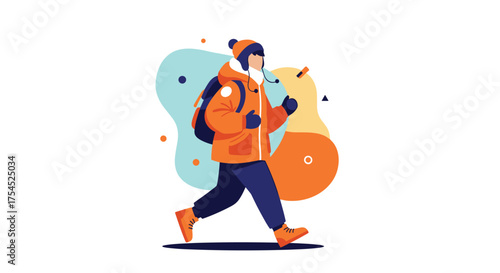 A person dressed warmly for winter is running with a backpack.