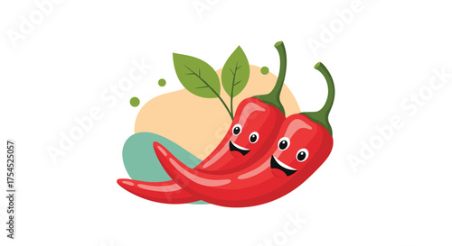 Two cheerful red chili peppers with green leaves and abstract shapes on a white background.