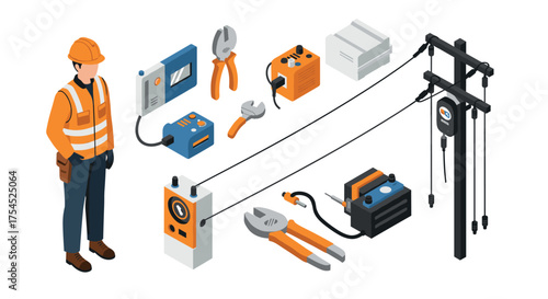 Isometric electricity tools with worker and utility pole in white background