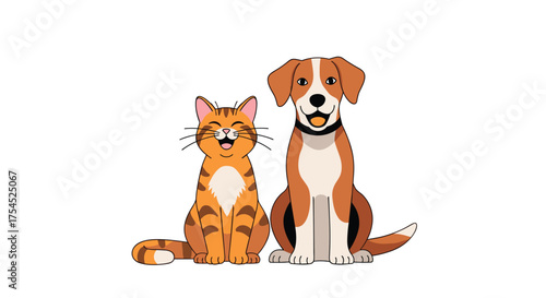 A happy cat and dog sit together as best friends.