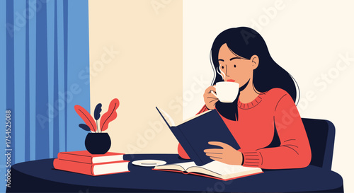A young woman sitting at a table drinking coffee and reading a book.