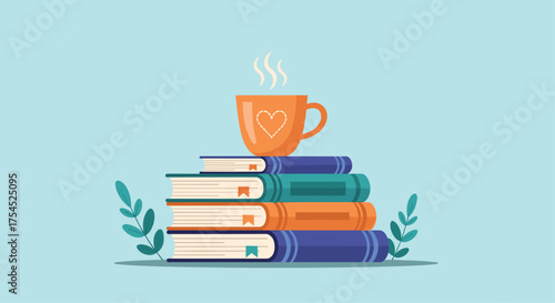 A steaming cup of coffee sits atop a stack of books in front of a light blue background.
