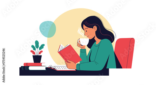 A young woman enjoys a cup of coffee while reading a book.