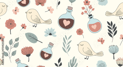 A whimsical pattern of birds flowers and potions.