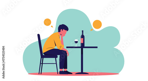 A lonely man sits at a table with a bottle of wine and a glass.