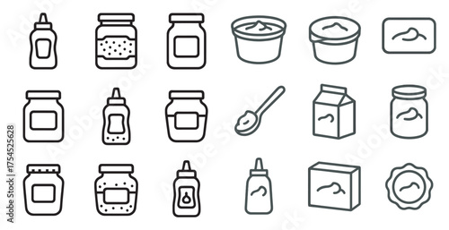 Condiment and sauces outline icons set – line, linear, seasoning symbols