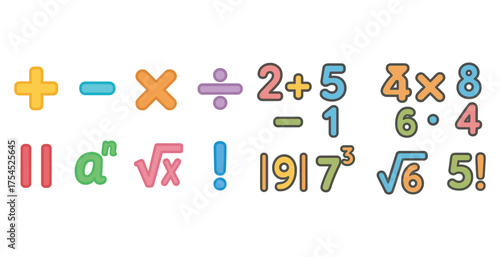 Mathematical symbols flat icons set – educational, learning, colorful numerics