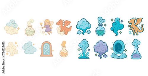 Fantasy and magic outline icons set – enchanting, whimsical, mythical symbols