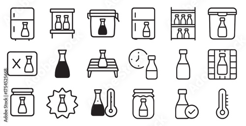Food storage linear icons set – flat, outline, kitchen and preservation symbols