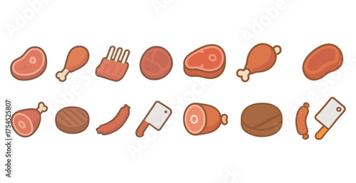 Meat and food flat icons set – culinary, filled, butchery and cooking symbols