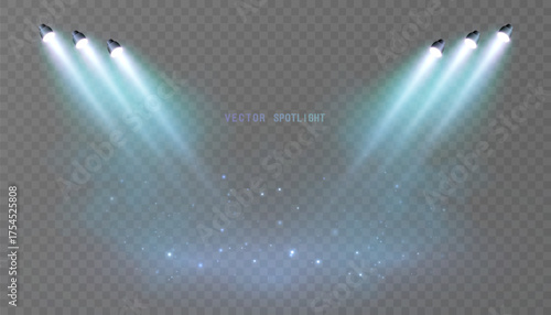 A vector scene with cool spotlights creating diagonal beams, soft haze, and dusty highlights. Suitable for both dark and light backgrounds.