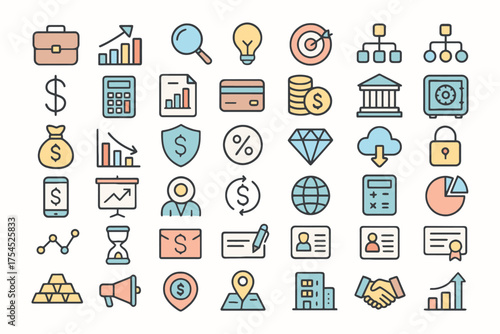 Collection of business and finance icons representing growth and success