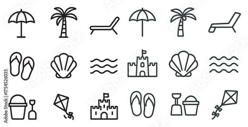 Beach and summer outline icons set – linear, seaside, holiday design elements