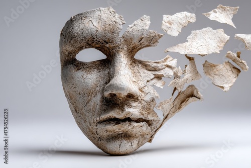 Abstract sculpture of a face breaking apart, symbolizing transition and human emotion in an artistic presentation