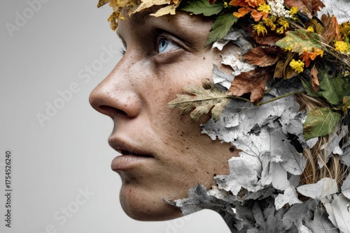 Woman with floral and leaf face art showcasing nature's beauty and transformation in a creative portrait