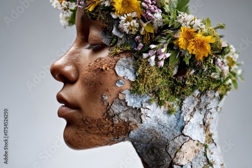 Floral and earthy art piece showcasing a woman's face with natural elements blending into her features in a serene studio setting