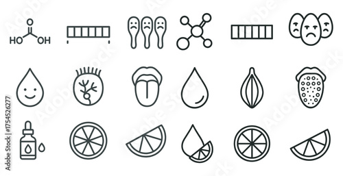 Taste and smell outline icons set – linear, sensory, perception symbols