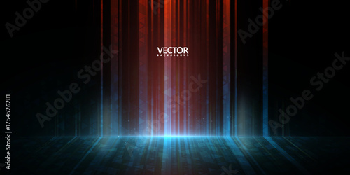 Vertical red and blue beams of light fall on a dark scene with subtle haze and reflections. A futuristic backdrop for technology backdrops, banners, presentations, product demos, and user interfaces.