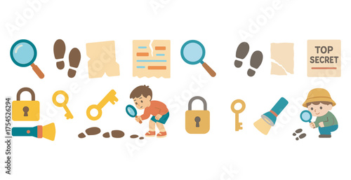 Detective and mystery icons set – flat, filled, investigation and clue symbols