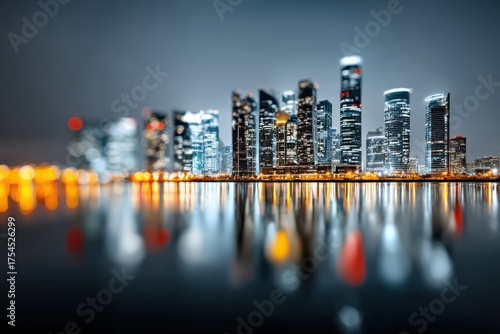 City skyline illuminated at night with reflections in the water from the buildings and lights along the shore