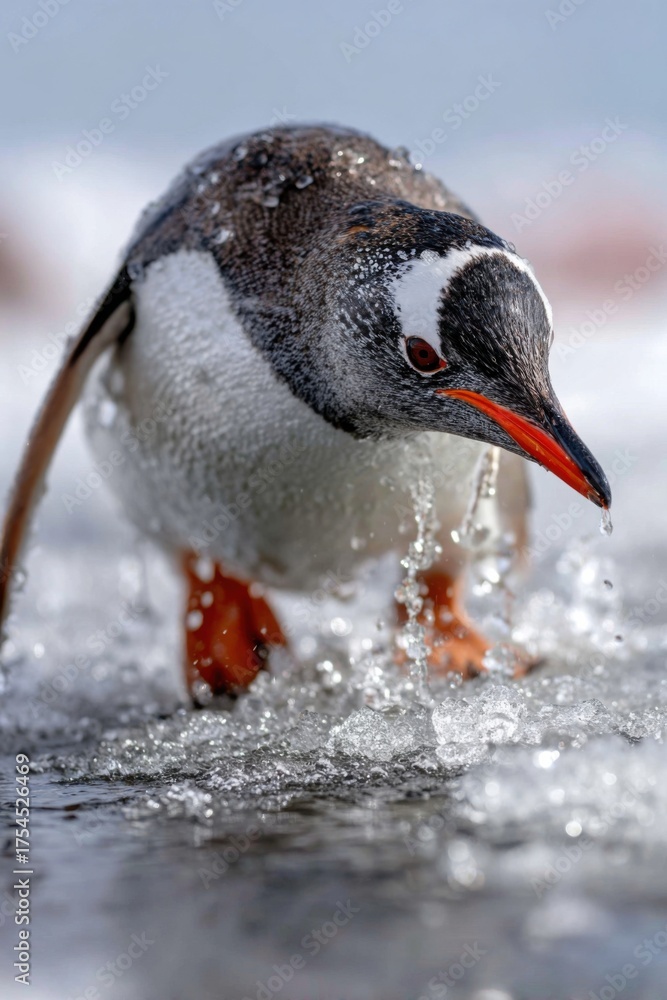 Fototapeta premium Gentoo penguin walks over icy water, splashing droplets in a natural habitat during a sunny day