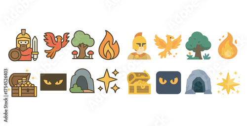 Fantasy adventure icons set – flat, filled, mythical and quest symbols